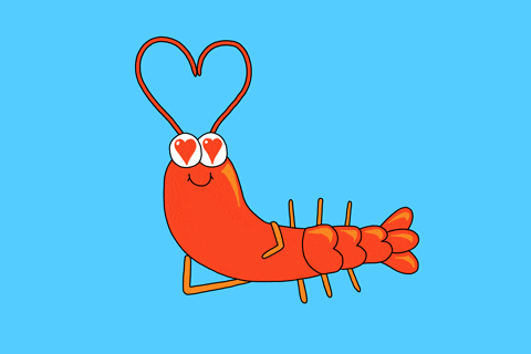A happy animated shrimp with hearts in its eyes, and its antennae in the shape of a heart.