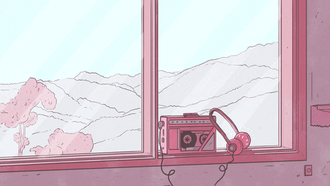 illustration of an old walkman with headphones on a windowsill