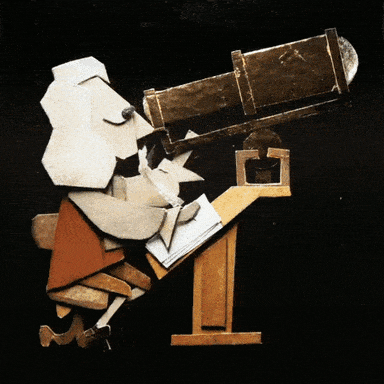 cutout animation of an astronomer making notes with a telescope