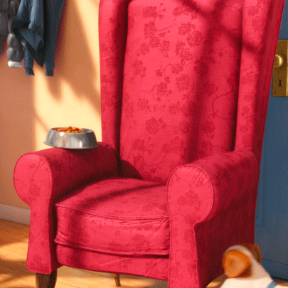 Gif of an animated dog relaxing on a chair