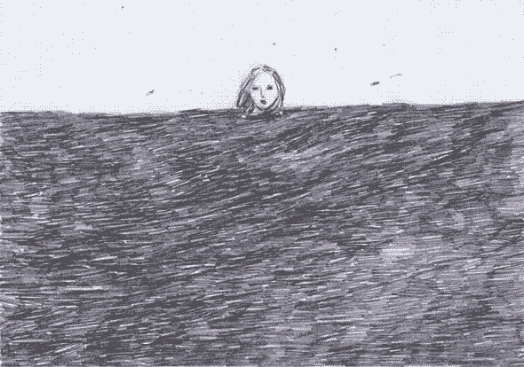 a girl poking her head out of a sea of gray lines, only to be pushed under again by a large gray hand