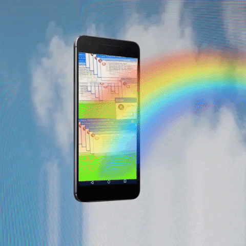 Um celular com diversas mensagens de erro e um arcoíris saindo dele