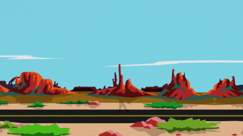 South Park bus desert road trip serene