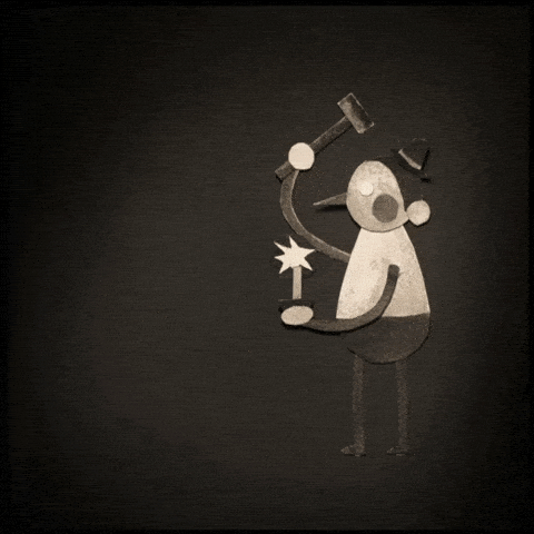 a cutout animation character hitting the air with a hammer