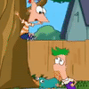 Phineas, Ferb and Perry jumping on a trampoline