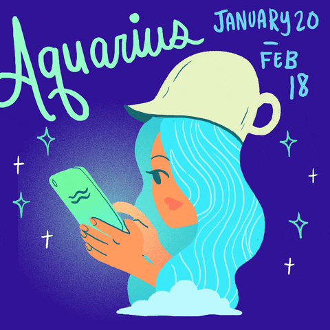 A gif showing an Aquarius woman with water as hair on her phone