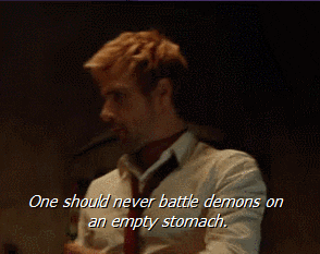 John Constantine (Matt Ryan), drinking: One should never battle demons on an empty stomach