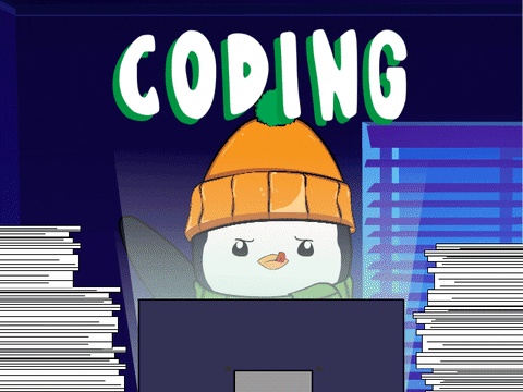 Gif of animated penguin typing on computer with large stacks of paper and word coding