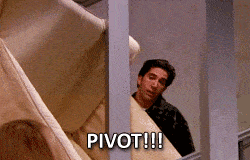 Ross from Friends yelling PIVOT while trying to push a couch up a narrow staircase