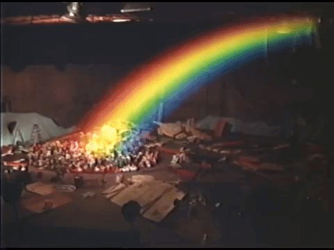 End of The Muppet Movie: A rainbow shines, the words "The End" appear, and then Sweetums bursts through the screen
