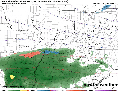 Expected type of precipitation today into tomorrow morning (Pivotal Weather - NAM)