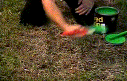 a person painting brown grass green