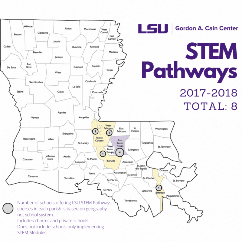 This is a gif that has 6 slides each displayed for 2 seconds.  Each slide shows a map of Louisiana and the parishes that are offering STEM pathway courses in each year from  2016-17 to 2022-23 are varying shades of yellow. 17/18: 8, 18/19: 26, 19/20: 39, 20/21: 54 21/22: 71, 22/23: 121 anticipated. 