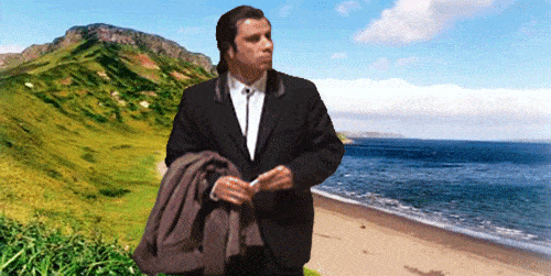 John Travolta from Pulp Fiction looking around confused