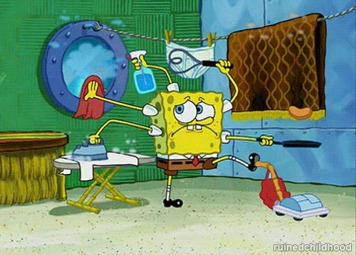GIF of Spongebob Squarepants frantically cleaning