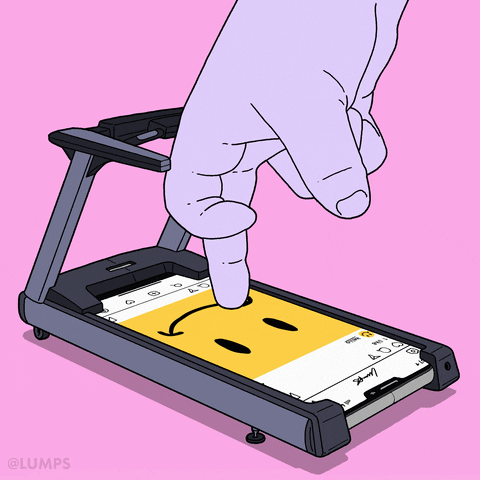 Fingers on a treadmill, made of a social media feed floor.
