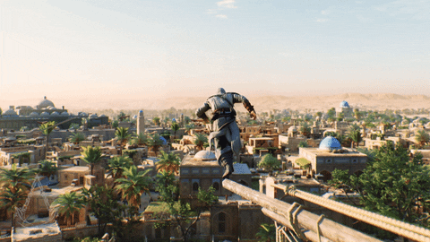 personaje principal de Assasin's Creed Mirage dando un salto de fe con la Ciudad de Bagdad en el horizonte.- Blog Hola Telcel
