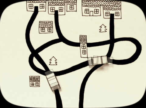 a paper stop motion of cars driving on black twisted roads