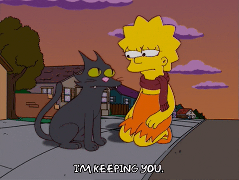 Animated Gif of Lisa Simpson talking to a black cat and saying I am keeping you