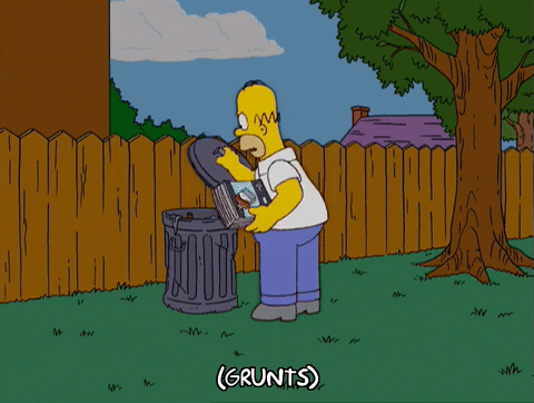 A gif of Homer Simpson throwing trash into a bin. 