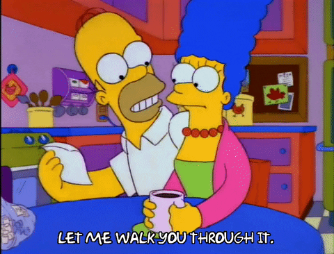 Gif of Homer Simpson, a yellow balding man with a white shirt, putting his arm around his wife Marge, a yellow woman with blue curly hair, a red necklace, a green dress, and a pink sweater, and telling her "Let me walk you through it." from the show, The Simpsons