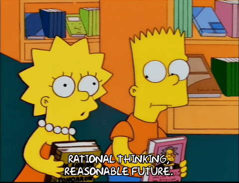 Bart et Lisa Simson tenant chacun un livre. Lisa dit : "Rational thinking, reasonable future". 