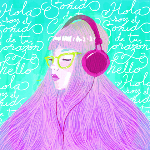 Animation of a colorful woman with purple hair and purple headphones.