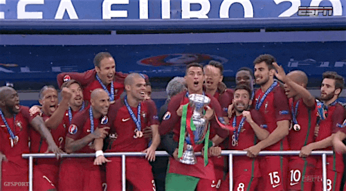 Champions! Portugal captain Cristiano Ronaldo lifts the Euro 2016 cup!