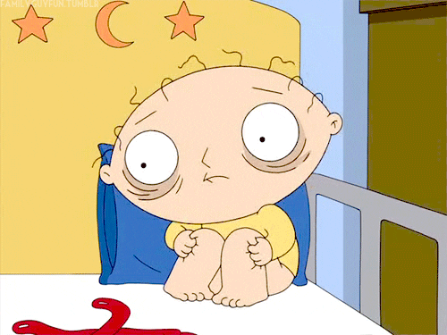 A GIF og Stewie from Family Guy rocking back and forth in his bed