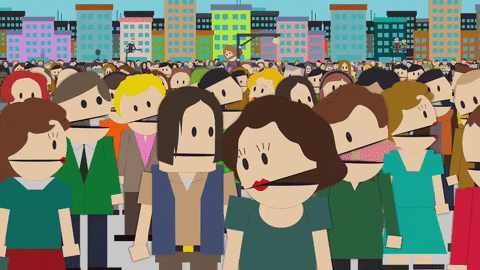Trecho retirado da animação adulta South Park, onde habitantes se reúnem no centro da cidade e começam a falar. Ótima ligação com a importância de frequentar as aulas de conversação.