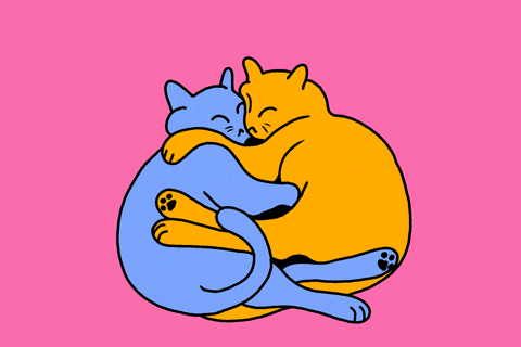 Gif of a blue cat and orange cat embracing each other as red hearts rise up, in a pink background