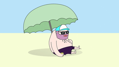 graphics of a man sitting on the beach and under an umbrella