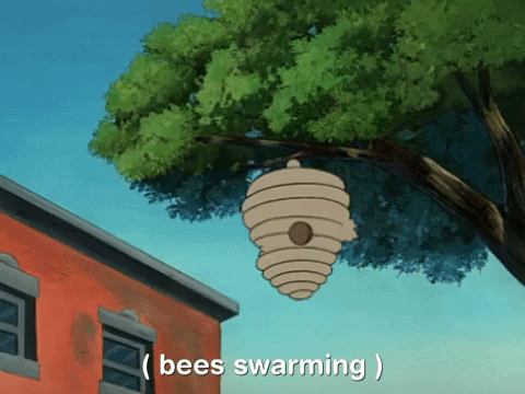 Bees emerge from a hive in the cartoon Hey Arnold, with text reading 'bees swarming'.