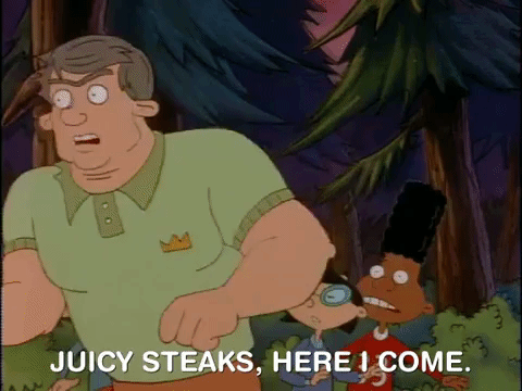 Hey Arnold: a man marching through the woods, captioned 'Juicy steaks, here I come'