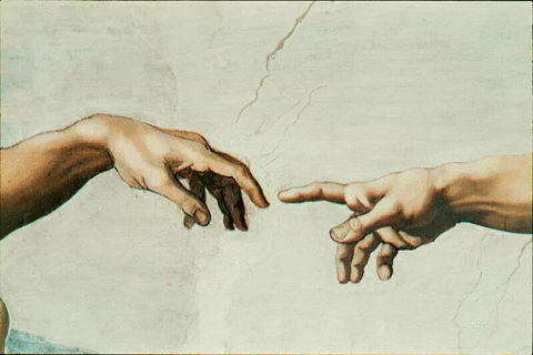 A famosa cena da criação, pintada na Capela Sistina: duas mãos com os dedos estendidos quase se tocando, uma sendo a mão de Deus e a outra de Adão.