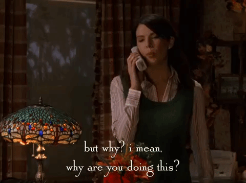 GIF from Gilmore girls with the text "but why? I mean, why are you doing this? What's the point?"