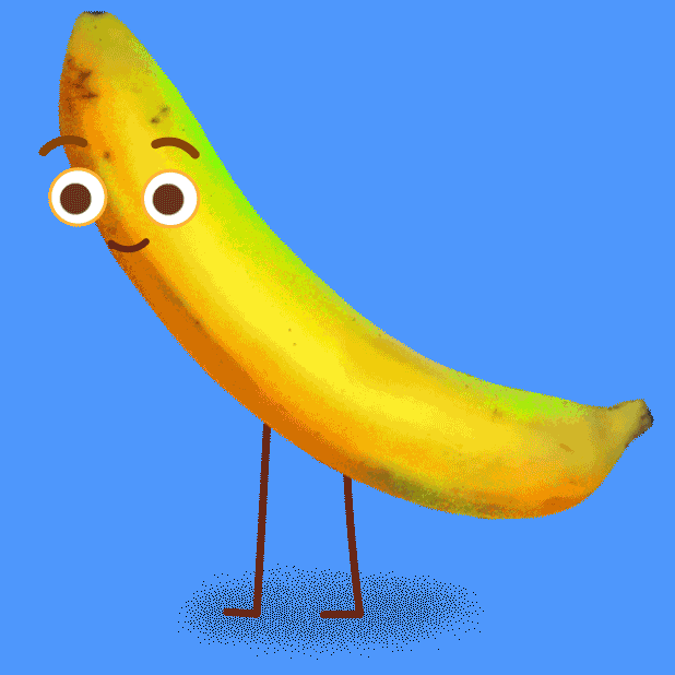 An animated banana with a face peeling to reveal it's inner self.