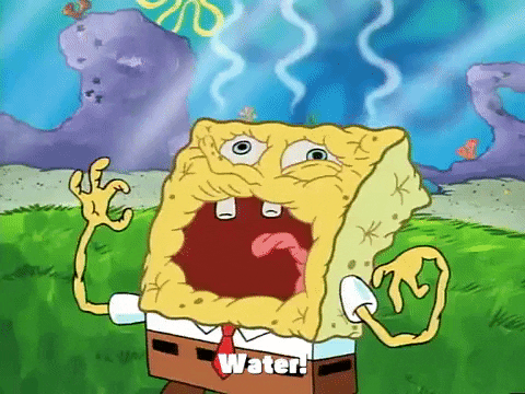 An animated character asking for water (Hydration)
