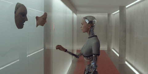 imagem de um robê com aparencia humana examinando proteses na parede