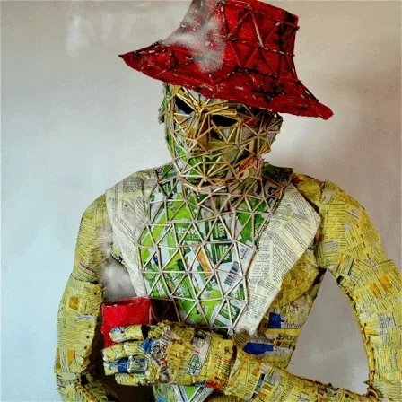 Figure covered from head to torso in a lattice of printed paper, wearing a red hat