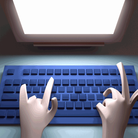 Duas mãos de desenho animado digitam freneticamente em um teclado azul, com uma tela à frente