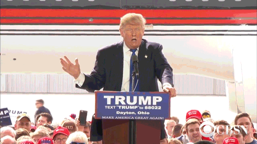 An gif of Donald Trump speaking at a presidential rally that someone has edited to include Bernie Sanders sneaking up on Donald Trump and then Donald Trump getting scared and angry at Bernie Sanders. 
