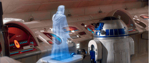 Gif do android R2D2 de Star Wars projetando um holograma=