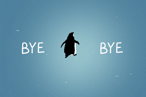 A penguin walking in a blue background, with the words "Bye Bye"