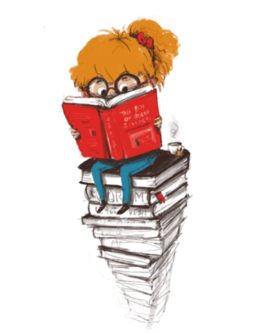 Girl with red hair and glasses reading book on stack of books gif