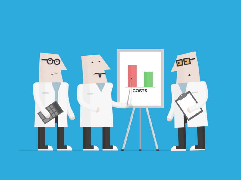 Gif com a ilustração de três cientistas falando sobre um gráfico de custos em uma apresentação.