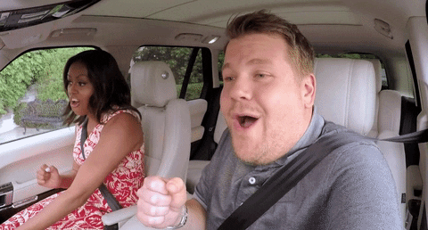 James Gordan and Michelle Obama dancing in a car during Carpool Karaoke 