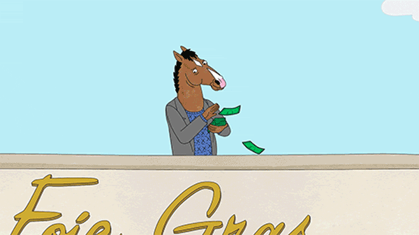 A GIF of Bojack Horseman flicking dollar bills