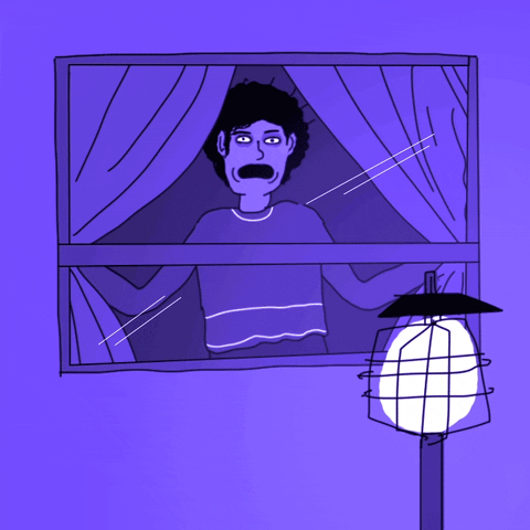 Animação de uma pessoa assustada fechando as cortinas com pressa