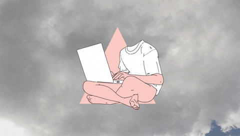 A headless person typing on a laptop, sitting cross legged in front of a pink triangle, floating in front of a cloud.